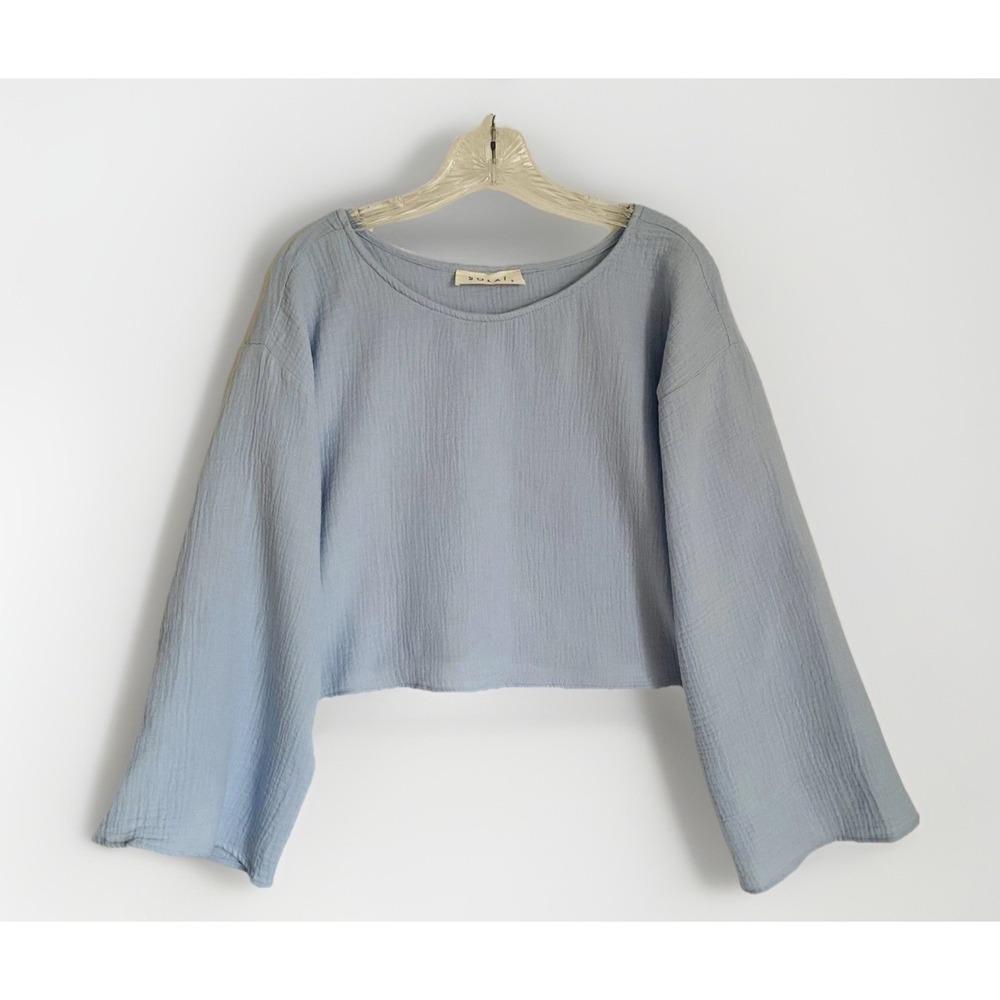Solai Top Shirt S Blue Round Neck Kimono Sleeves Gauzy Boho Coastal